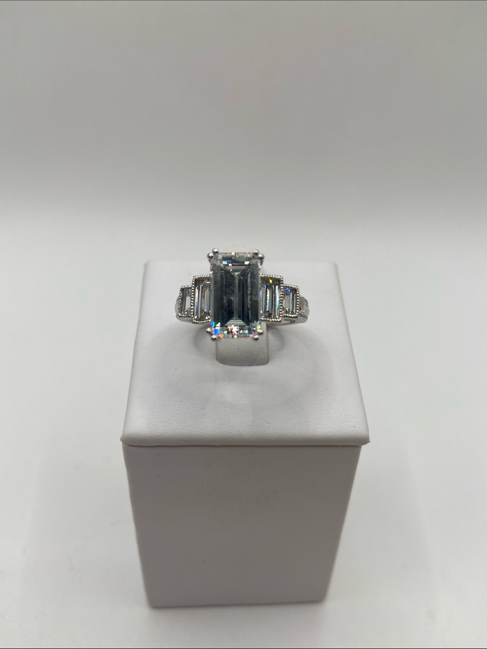 Sterling Silver 925 Emerald Cut 5 Stone Simulated Diamond Ring Size 7 Art Deco